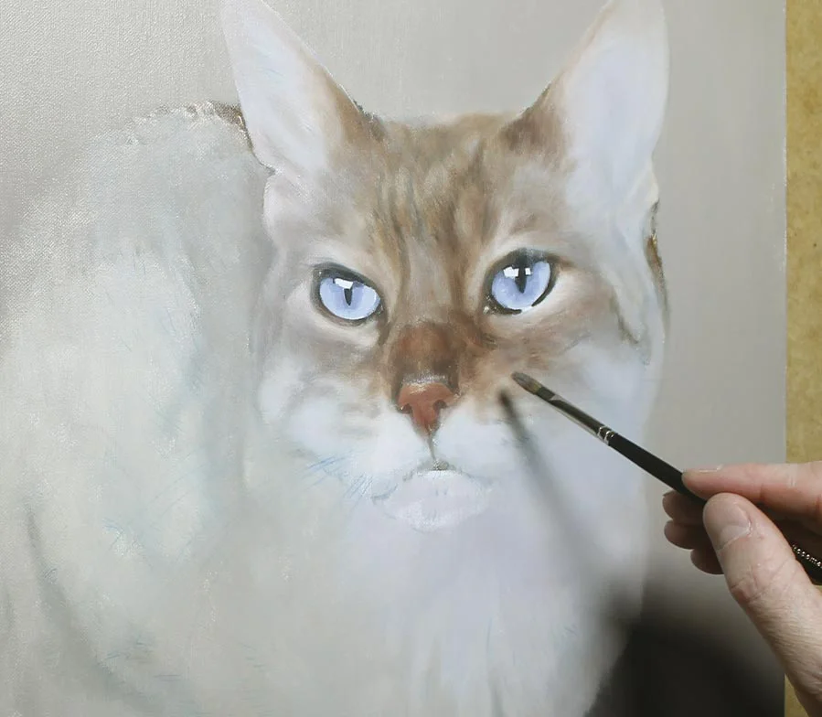 Close-up detail of the framed cat oil portrait, highlighting the texture and color.