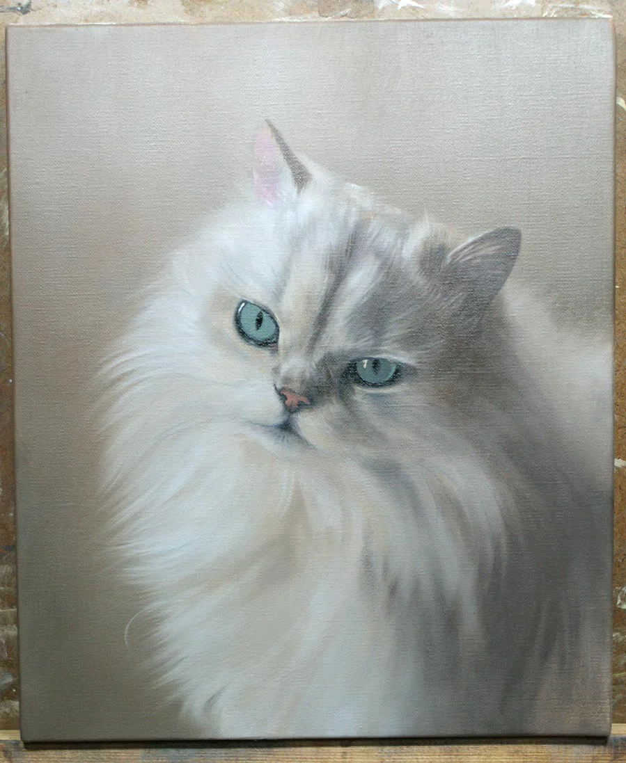 Close-up detail of Samson’s oil portrait in progress, highlighting early brushwork on his fur.