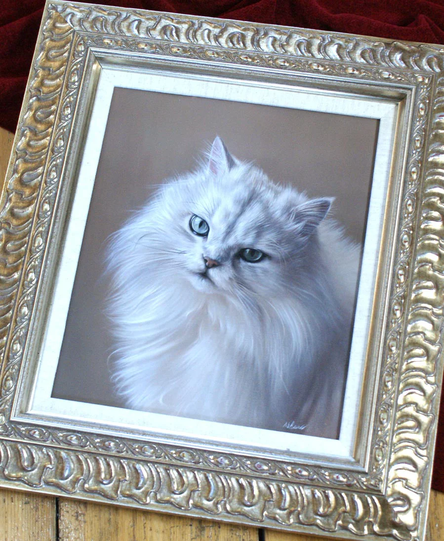 Samson’s oil portrait, framed and displayed in a home setting, blending with the decor.