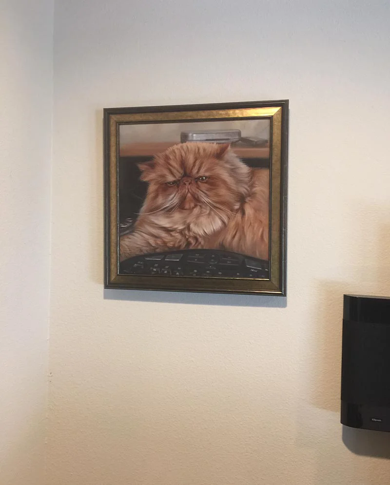 Client Displaying Cat Portrait on Wall Client displaying the cat portrait of Puff on their wall.