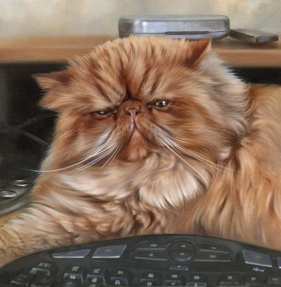 Cat Portrait Puff the cat sitting next to a keyboard for his oil portrait.