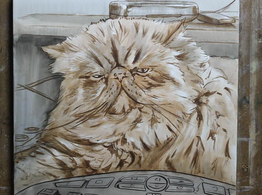 Cat Oil Painting in Progress - Stage One Cat oil painting of Puff in progress, showing the first stage.