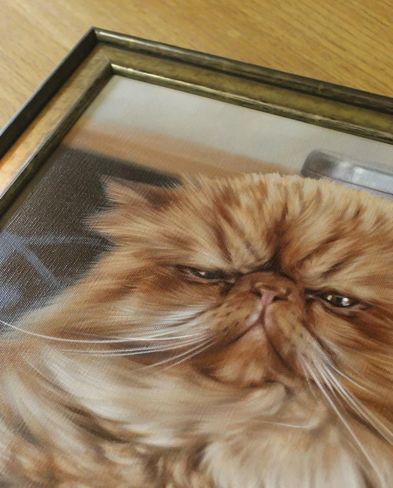 Framed Cat Oil Portrait on Wall Framed cat oil portrait of Puff displayed on a wall.