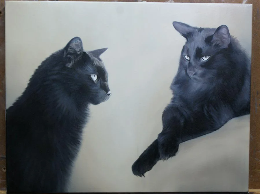 Two Cat Oil Portrait in Progress, defining features Two cat oil portrait of Sammy in progress, with forms taking shape