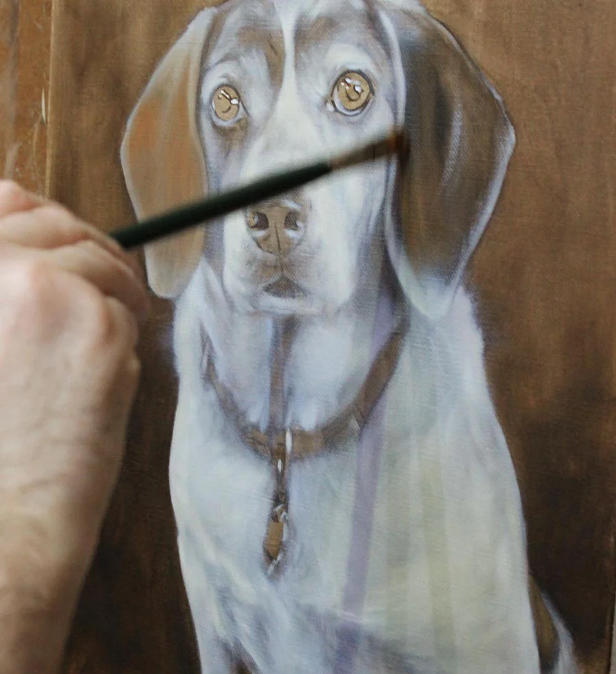 Beagle oil portrait with a gentle, attentive gaze.