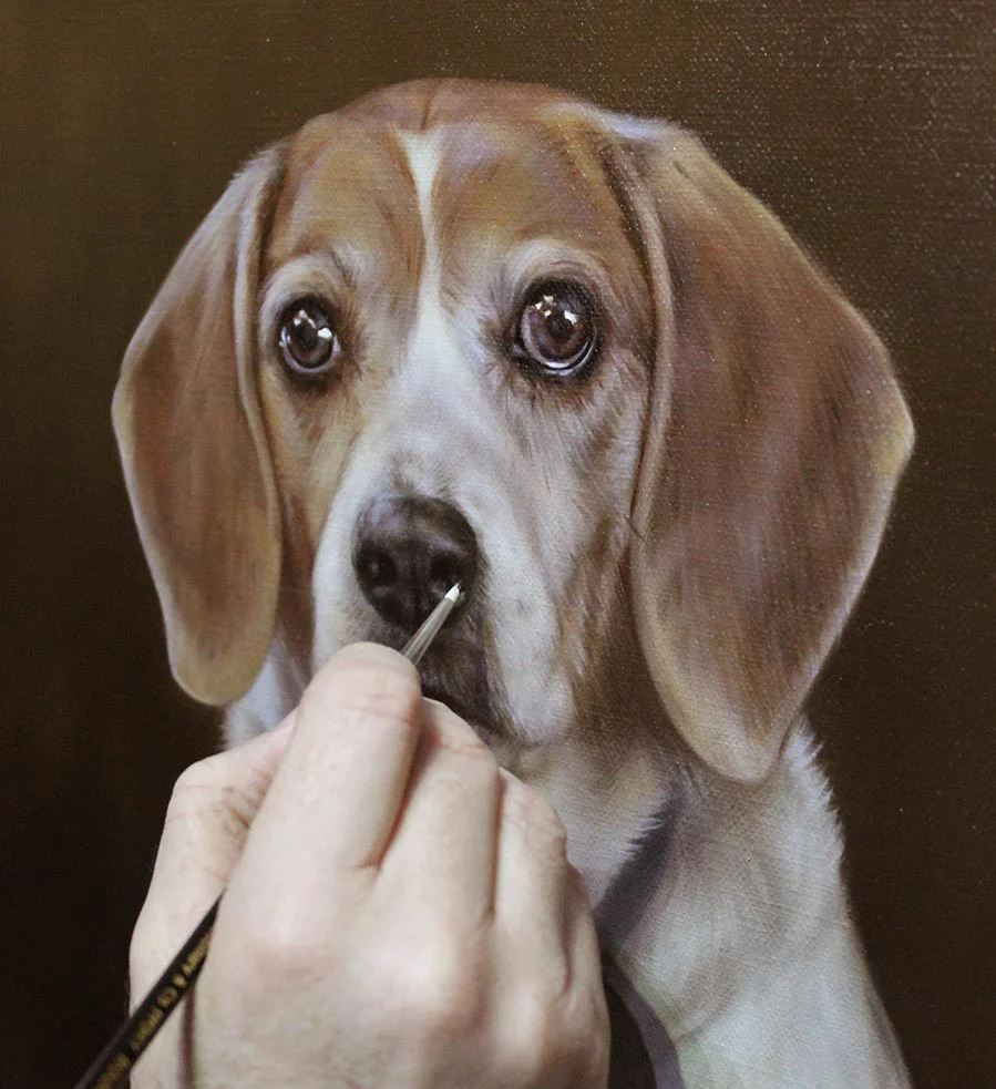 Oil portrait of a Beagle, highlighting its expressive eyes.