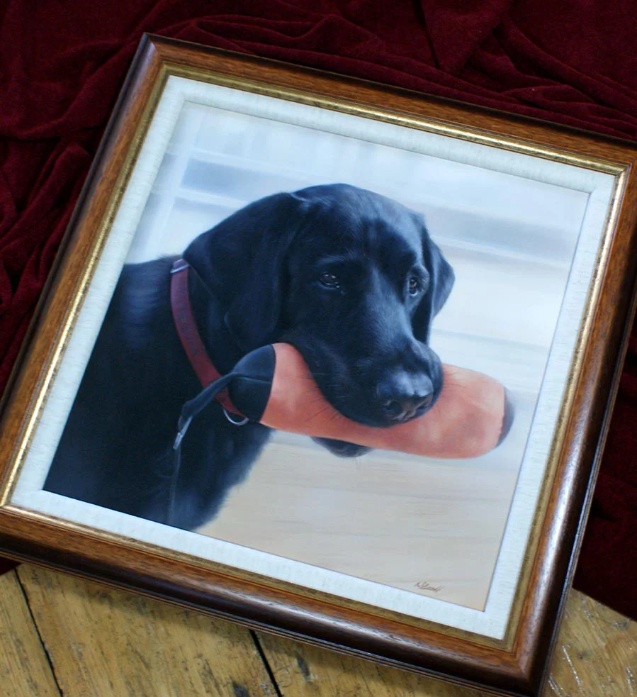 Framed oil portrait of Sammy, a black Labrador, with a classic wood frame.