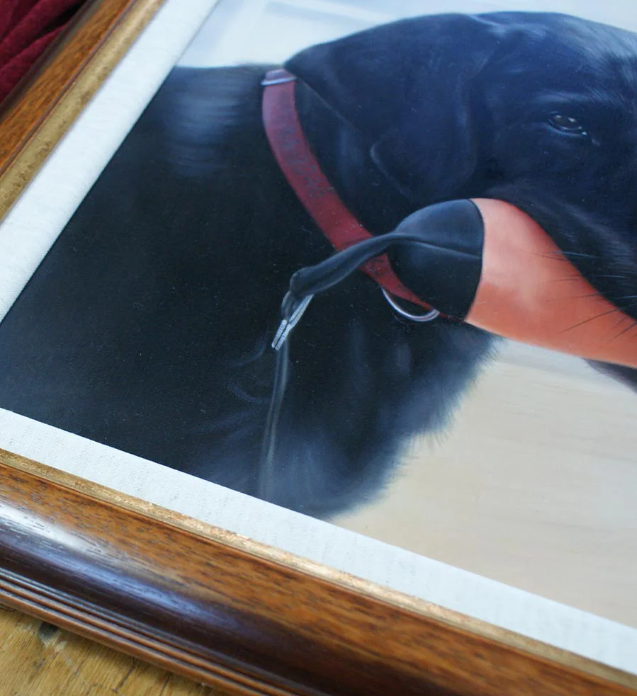 Framed oil portrait of Sammy, a Black Labrador, displayed prominently in a home setting.