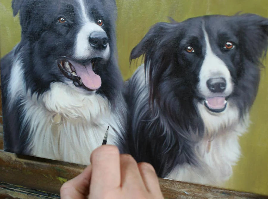 Detailed view of the Collie oil portrait, focusing on fur and eyes texture.