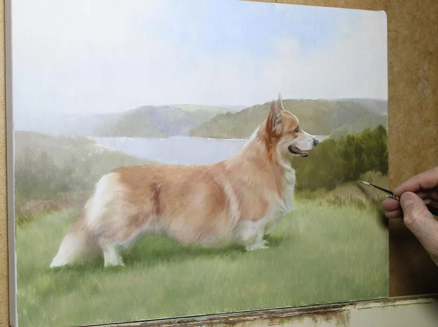 Corgi portrait of Luke, showing the midway painting stage with more refined features.