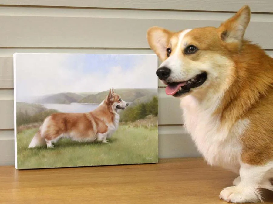 Luke the Corgi standing proudly next to his newly completed oil portrait in a studio.