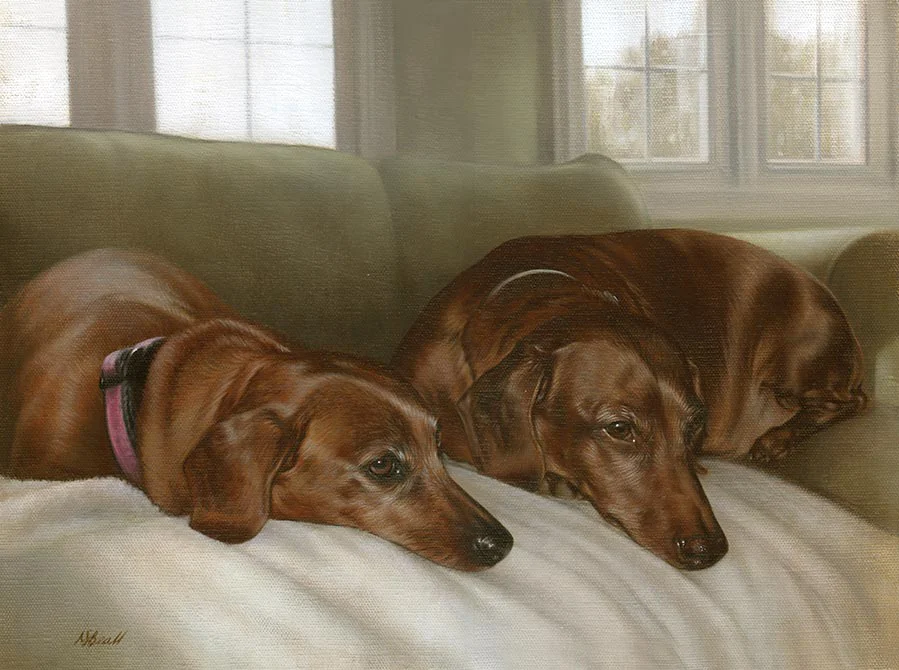 Oil painting of Maggie and Max, two delightful Dachshund dogs, by Nicholas Beall.