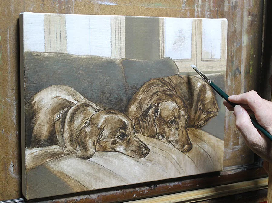 Oil portrait of two Dachshunds, Maggie and Max, showing an early painting stage on canvas.