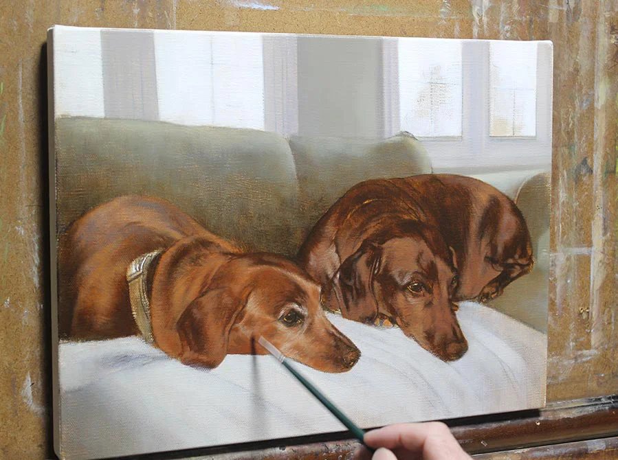 Dachshund oil portrait in progress, showing layering detail on the fur and setting.