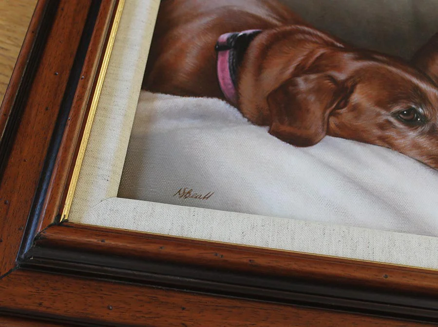 Portrait of two Dachshunds, Maggie and Max, framed and beautifully displayed.