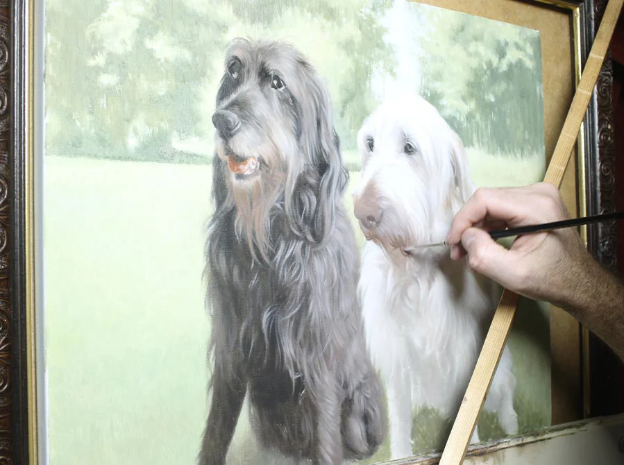 Final Stages – Two Dog Oil Painting completion Final stages of the two dog oil painting, demonstrating last refinements and highlights.
