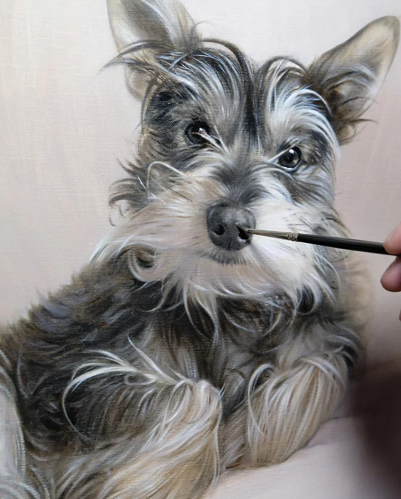 Dog Portrait in Oils – Detail Close-Up: Chucho's eye Close-up detail of the dog portrait in oils, focusing on Chucho's eye and facial features.