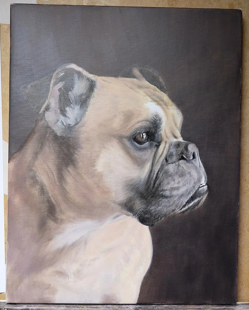 Dog Oil Painting – Work in Progress Stage (Newman) Oil painting of Newman the dog in its work-in-progress stage, showing initial forms and colors.