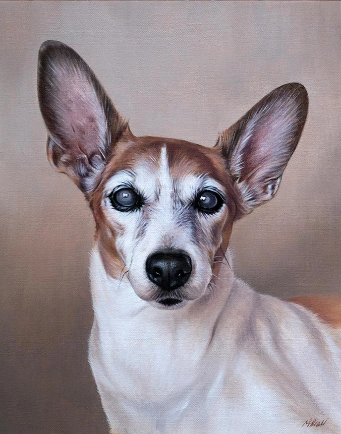 Oil painting of Dodge the dog by Nicholas Beall, a custom pet portrait