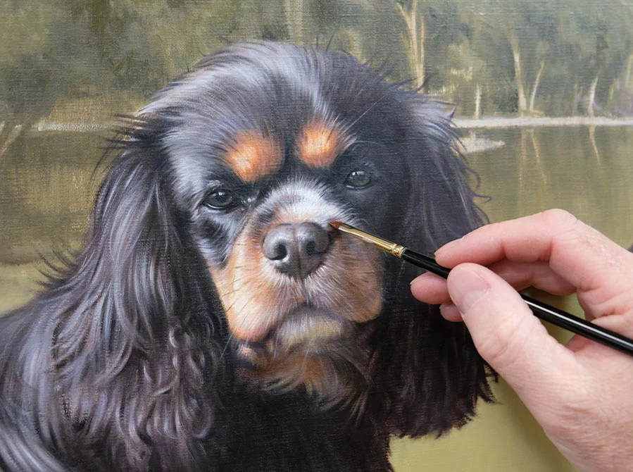 Large Garden Dog Painting – Progress Shot (Advanced) Large garden dog painting of Bilbo and Mr Kipling, showing advanced progress and near completion.