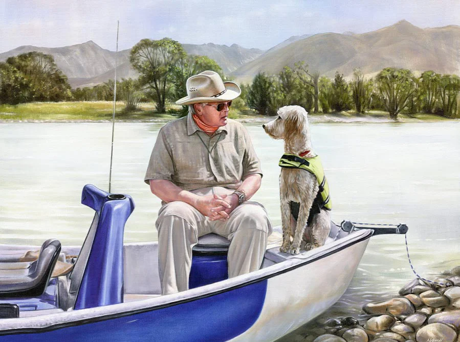 Oil painting of Henry and Daisy, two dogs with people in a beautiful landscape setting, by Nicholas Beall.