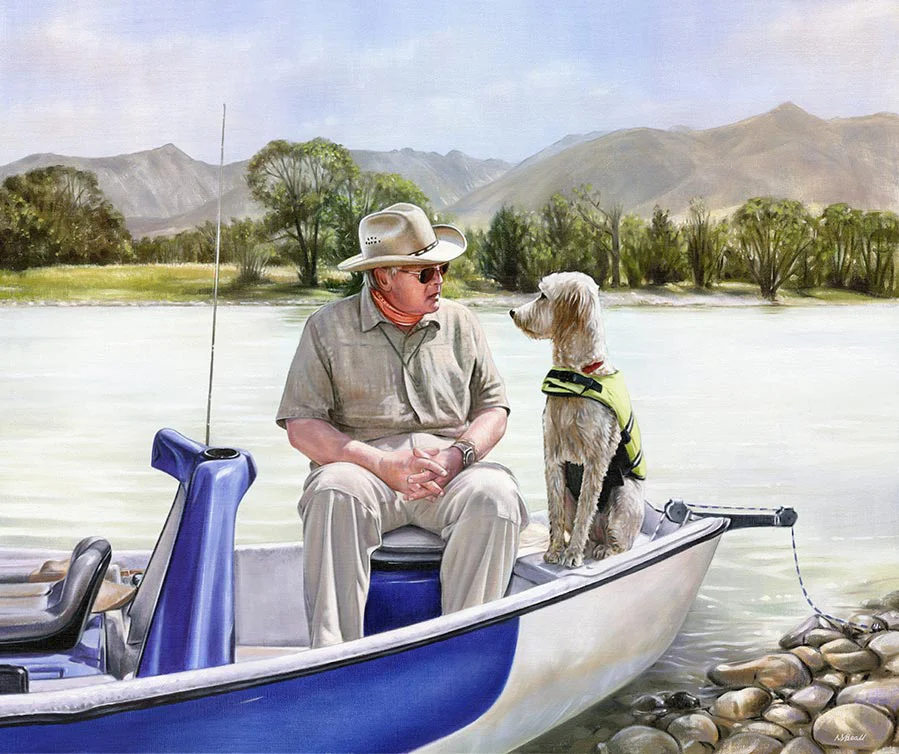 A vibrant oil painting showing Henry and Daisy on their boat, capturing the serene landscape and their tender interaction.
