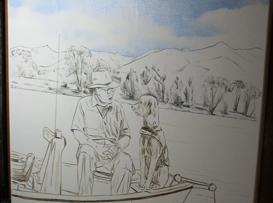 Work in Progress: Nicholas Beall's oil painting of a man and dog on a boat, showing early layers of the landscape and figures.
