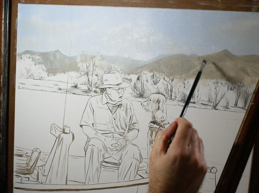 Nicholas Beall's oil painting of Henry and Daisy in progress on an easel, highlighting the developing details of the dog and man.