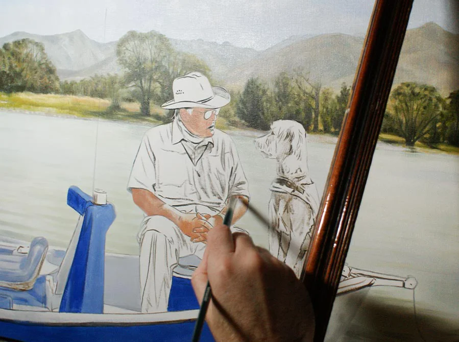 Close-up of the oil painting showing layering detail in the landscape and the nuanced colors of the water and trees.