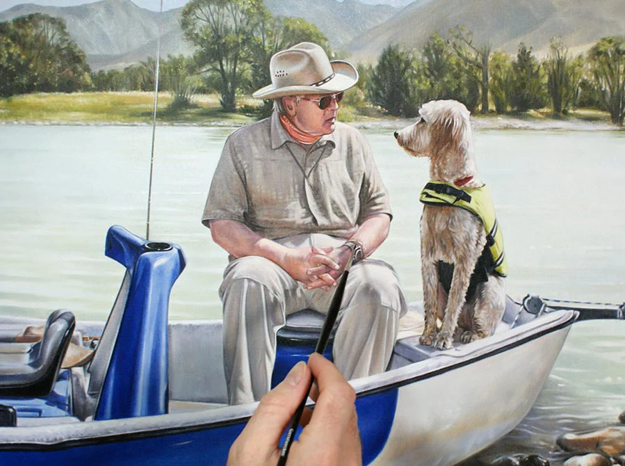 Fine detail of the oil painting, focusing on the expressive rendering of the dog (Daisy) and man (Henry) in the boat.