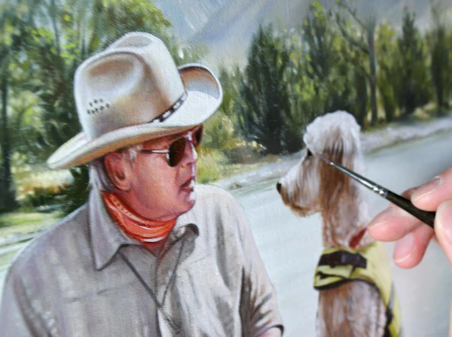 Final touches being applied to the oil painting of Henry and Daisy, showing the artist's meticulous work on the figures and landscape.