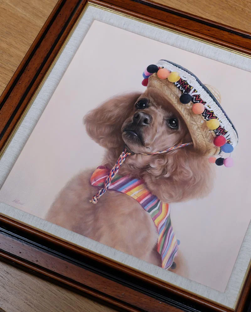 Poodle Oil Painting in Frame, highlighting its presentation Lucy the Poodle oil painting elegantly presented within its frame
