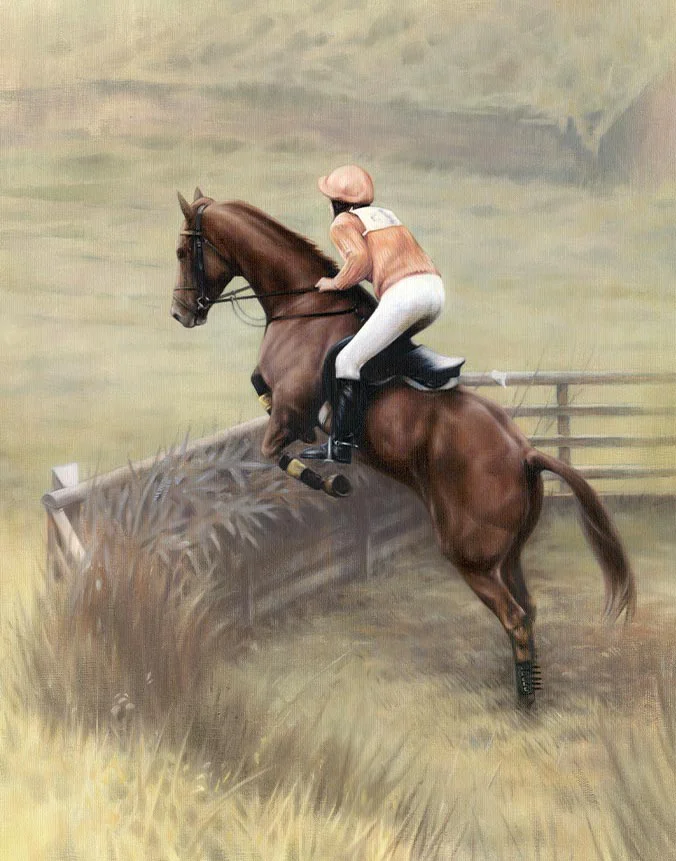 Horse Jumping Oil Painting of Frizbee and Rider Completed oil painting of Frizbee, a horse, and rider jumping over a fence.