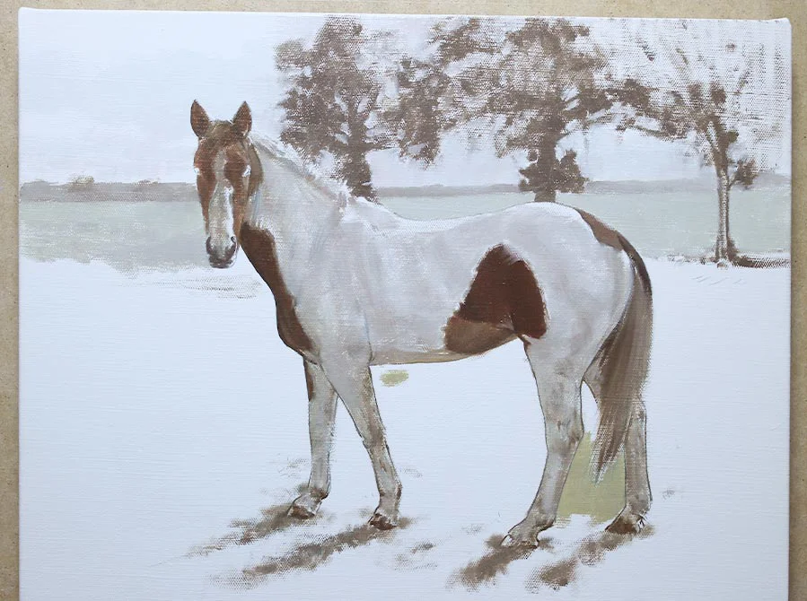 Horse Portrait with Landscape – Underpainting Stage Horse portrait with landscape showing the underpainting stage.
