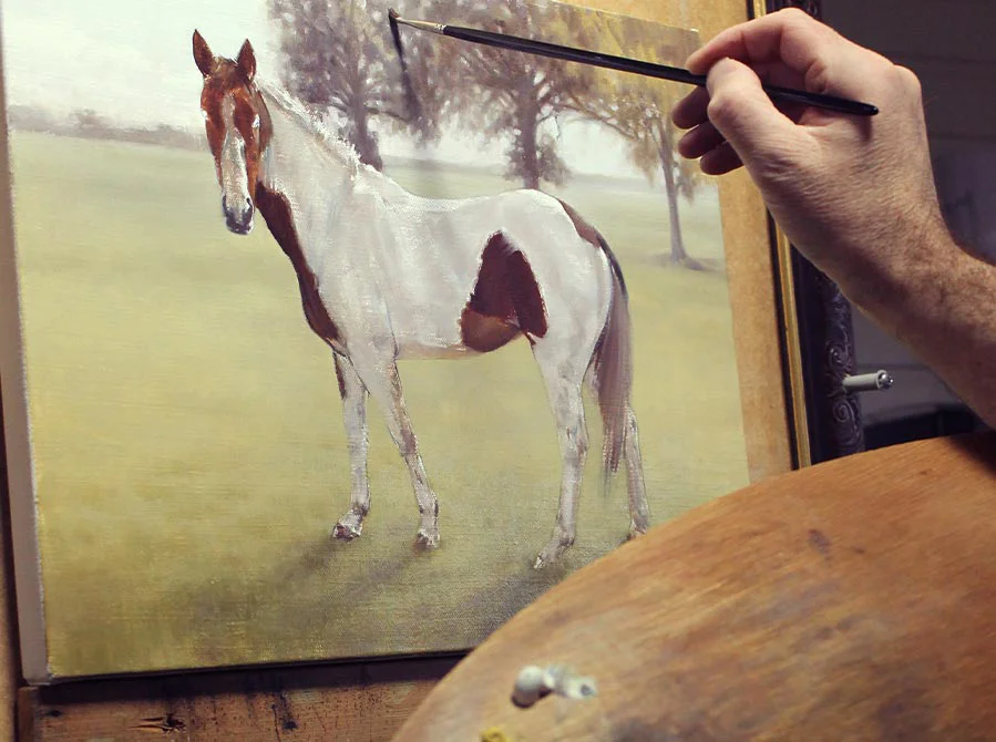 Painting in Progress – Horse in Full Landscape Scene Painting in progress showing the horse in a full landscape scene.