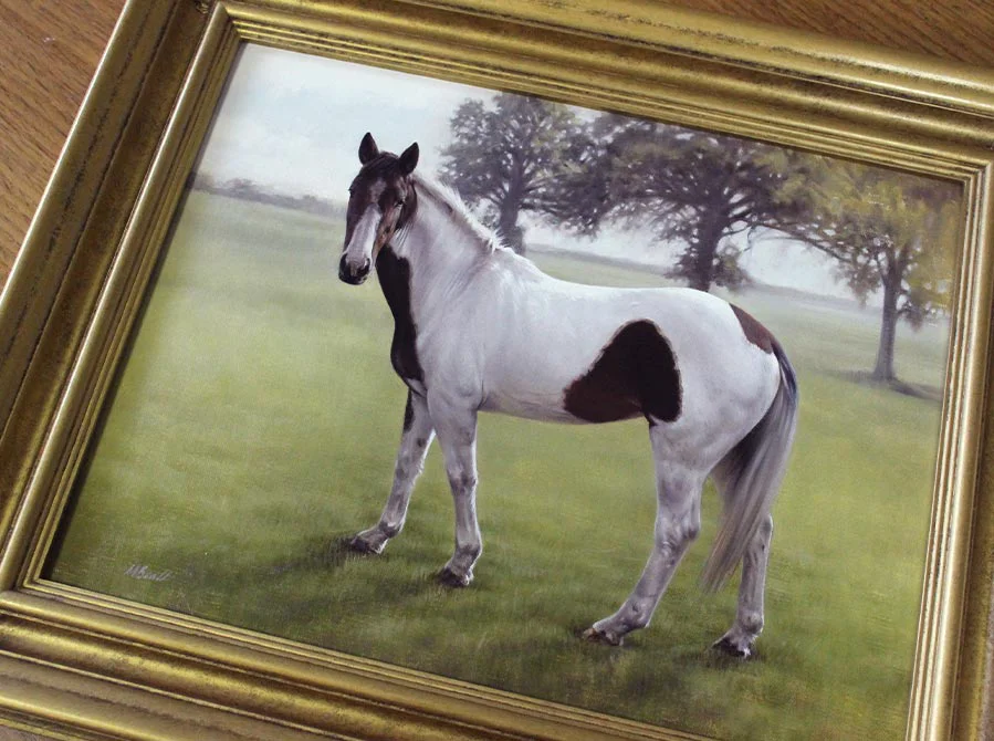 Framed Horse Landscape Oil Portrait Framed horse landscape oil portrait of Gypsy, ready for display.