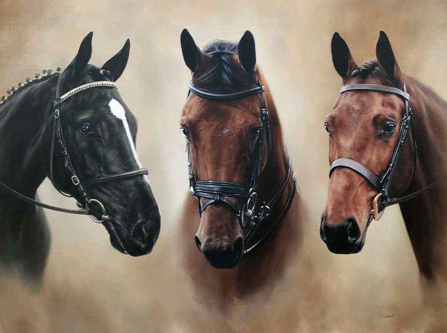 Group oil painting featuring Gatsby, Missy, and Moriarty the horses by Nicholas Beall