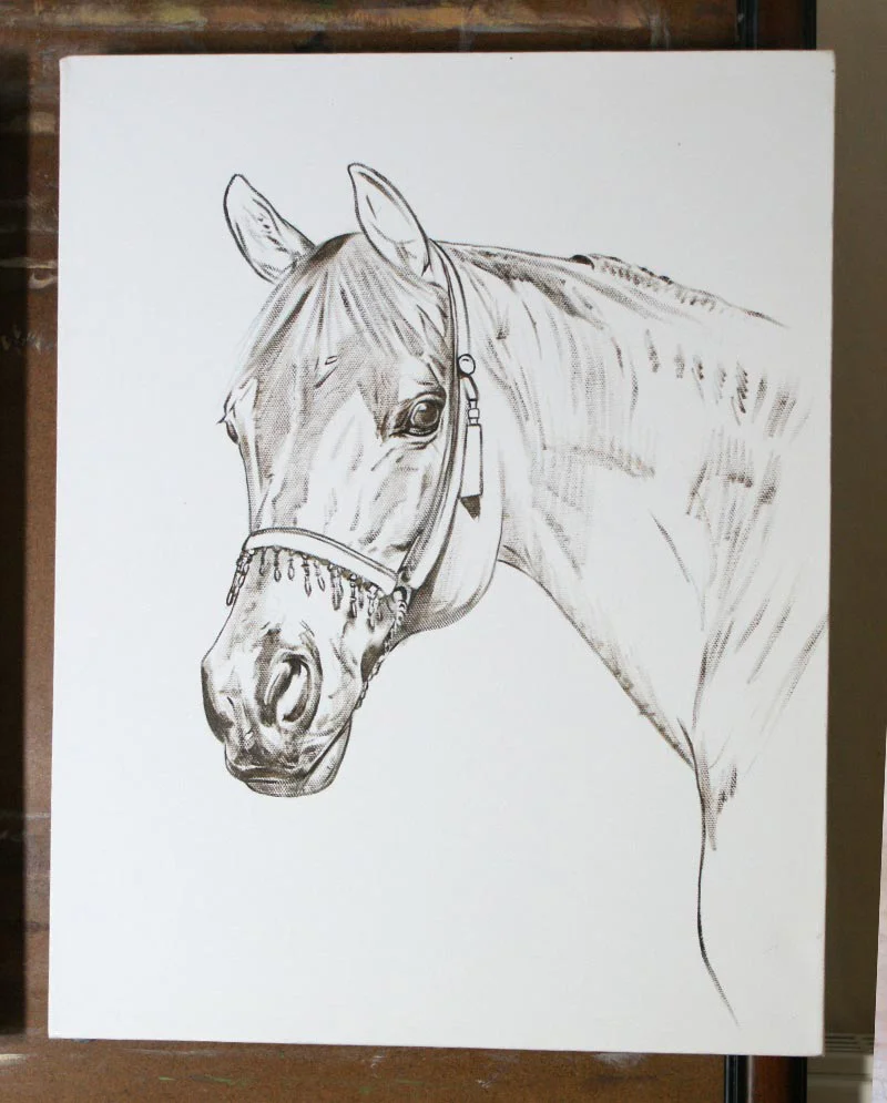 Kharisma’s Portrait – Layering in Progress Kharisma’s horse portrait in oils, showing layering in progress with initial colors and forms.