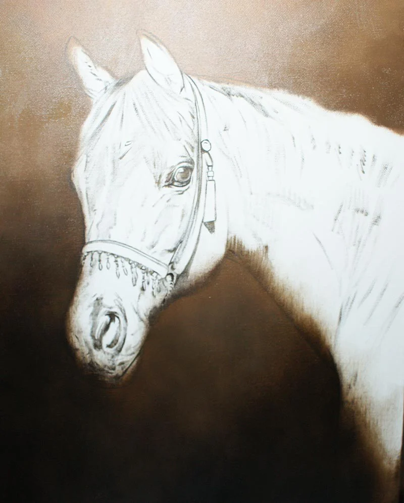Kharisma Horse Portrait – Painting Detail Midway Kharisma horse portrait showing painting detail midway, with features becoming more defined.