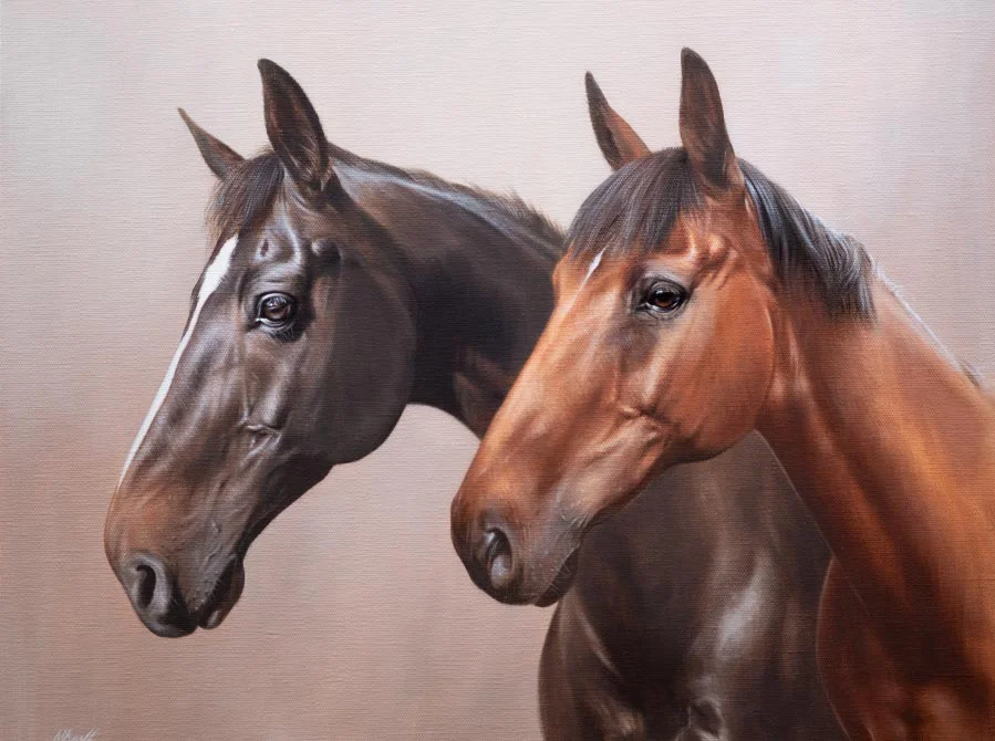 Double oil horse portrait of Max and Alfie by artist Nicholas Beall