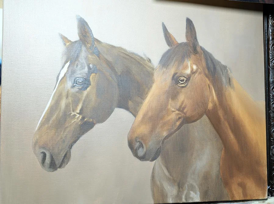 Double Horse Portrait in Oils – Side-by-Side Composition Double horse portrait in oils, showing side-by-side composition during painting process.