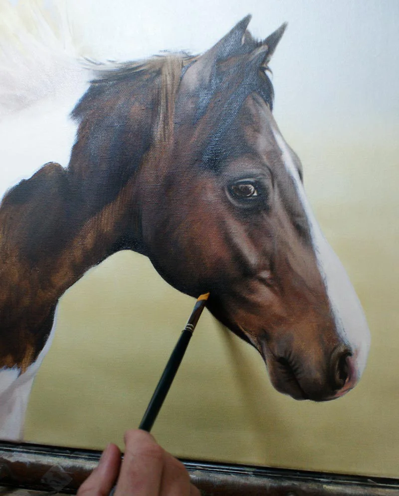 Horse Oil Painting on Canvas Horse oil painting on canvas in progress, showing developing details.