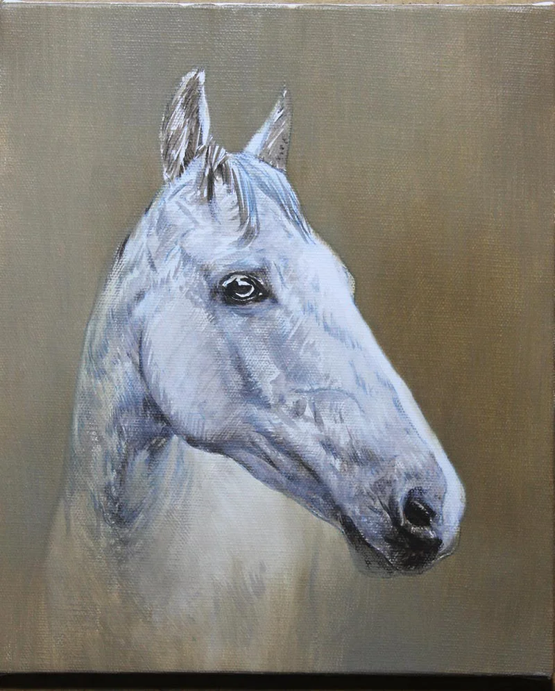 Horse Head Study Portrait in Progress - Oil Painting Work in progress of an oil painting, focusing on the head study of Artu the horse, showing initial layers and form.