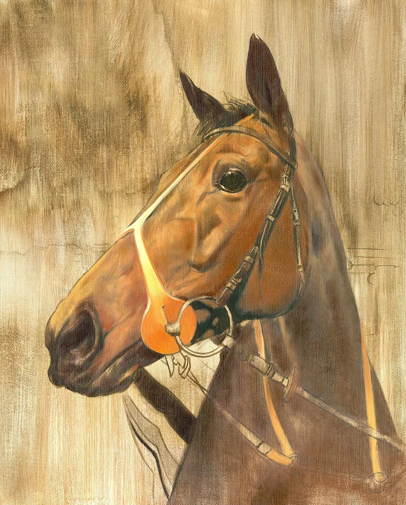 First Layers of Oil on Race Horse Painting, building the form First layers of oil paint applied to the race horse painting, establishing base tones