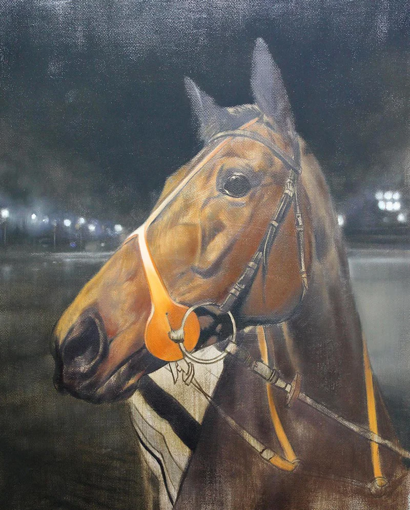Race Horse Oil Portrait in Progress, gaining depth Mid-progress view of the Amosite oil portrait, showing developing details