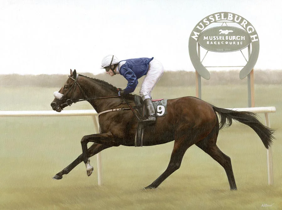 Oil portrait of Merchant of Dubai, a racehorse, by Nicholas Beall
