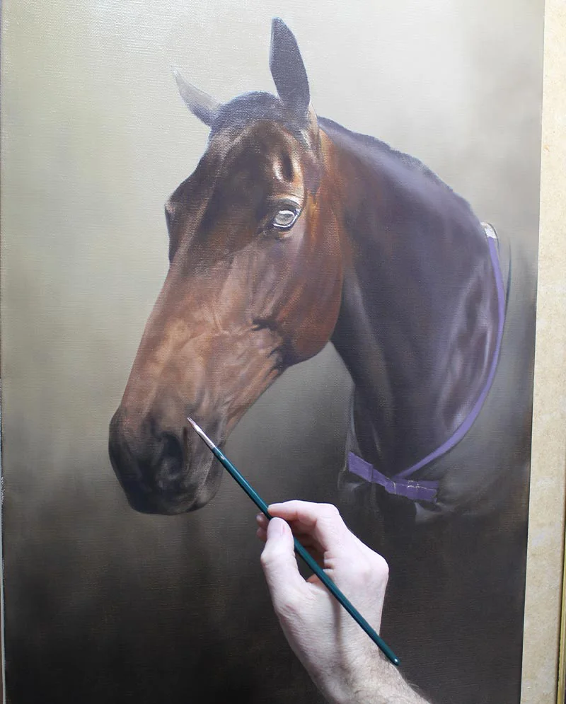 Building Layers - Horse Portrait in Oils, adding texture Artist building layers of oil paint on the horse portrait for depth and realism