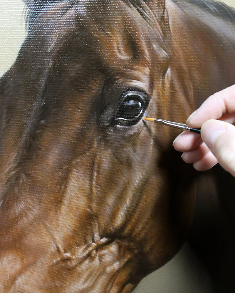 Adding Detail - Oil Painting of Horse, for realism Artist adding intricate detail to the oil painting of the horse's features