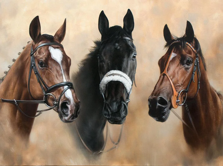 Oil Portrait of Riguez Dancer, Resplendent Light and Fol Hollow in 'Three Kings' style Dynamic oil portrait featuring three racehorses: Riguez Dancer, Resplendent Light, and Fol Hollow