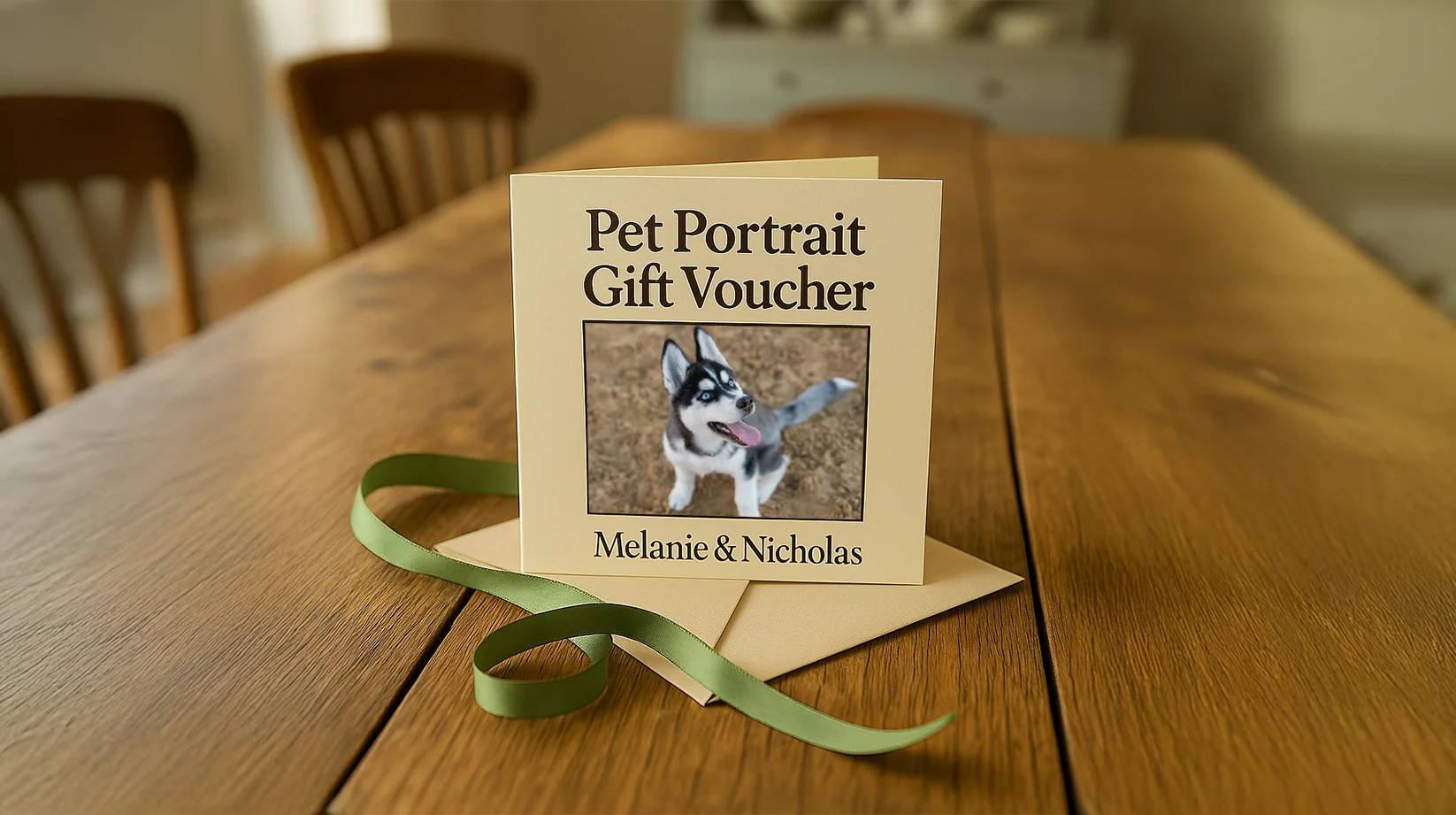 Custom Pet Portrait Gift Voucher Sample Personalized designed pet portrait gift vouchers by Melanie and Nicholas